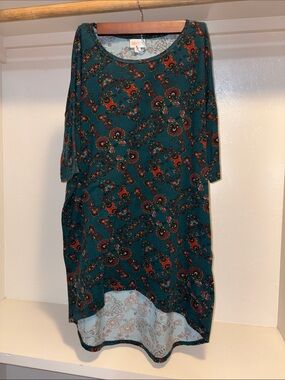 LuLaRoe Teal Floral High-Low Dress with Red and Brown Accents